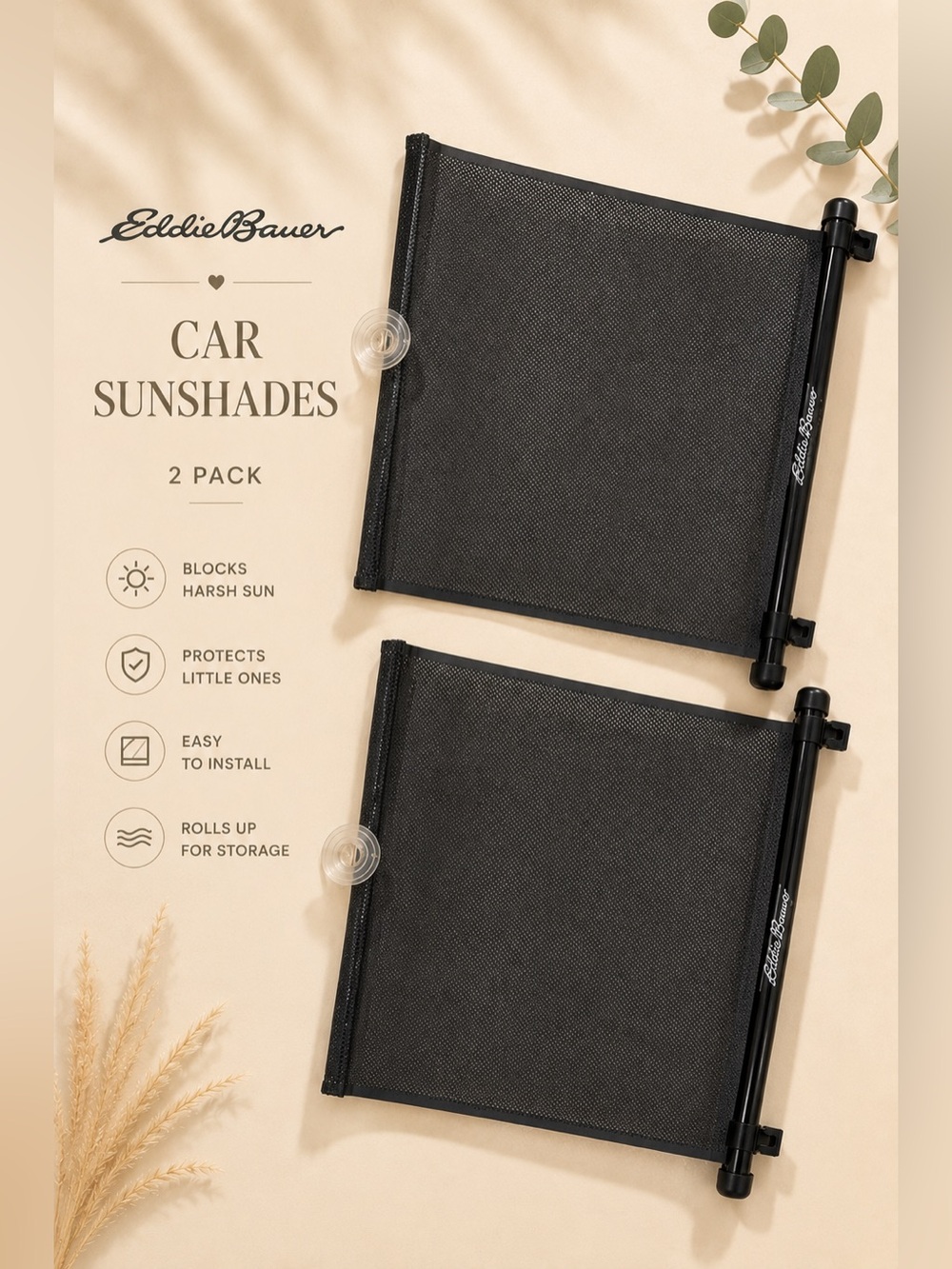 Eddie Bauer Car Window Sun Shades – Set of 2 Retractable Mesh Shades Black/White
